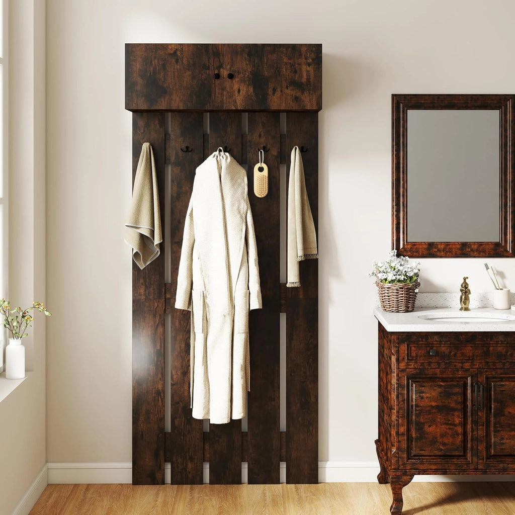 Appendiabiti 2 in 1, appendiabiti da parete con armadio a 2 ante, 5 ganci doppi, design compatto, 90 x 33 x 210 cm, per corridoio, ingresso, camera da letto, bagno (marrone)
