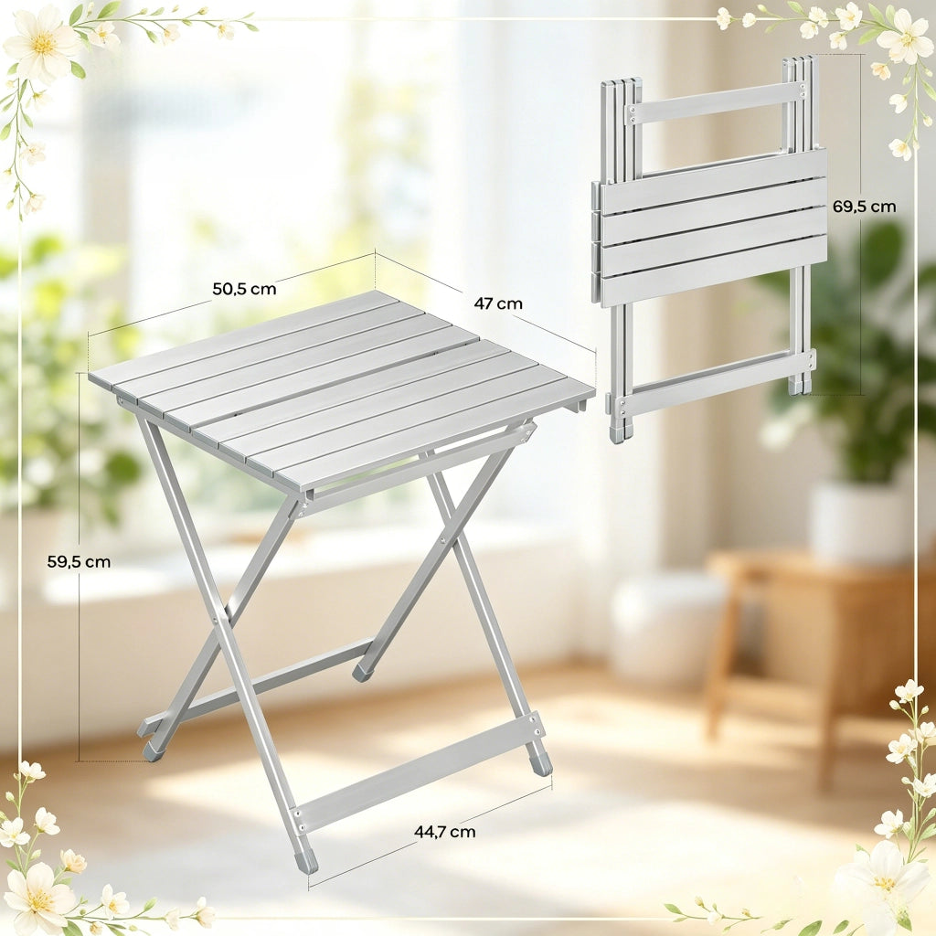 Tavolo da giardino bistrot pieghevole con struttura X e piedini antiscivolo in alluminio argento 47 × 50,5 × 59,5 cm