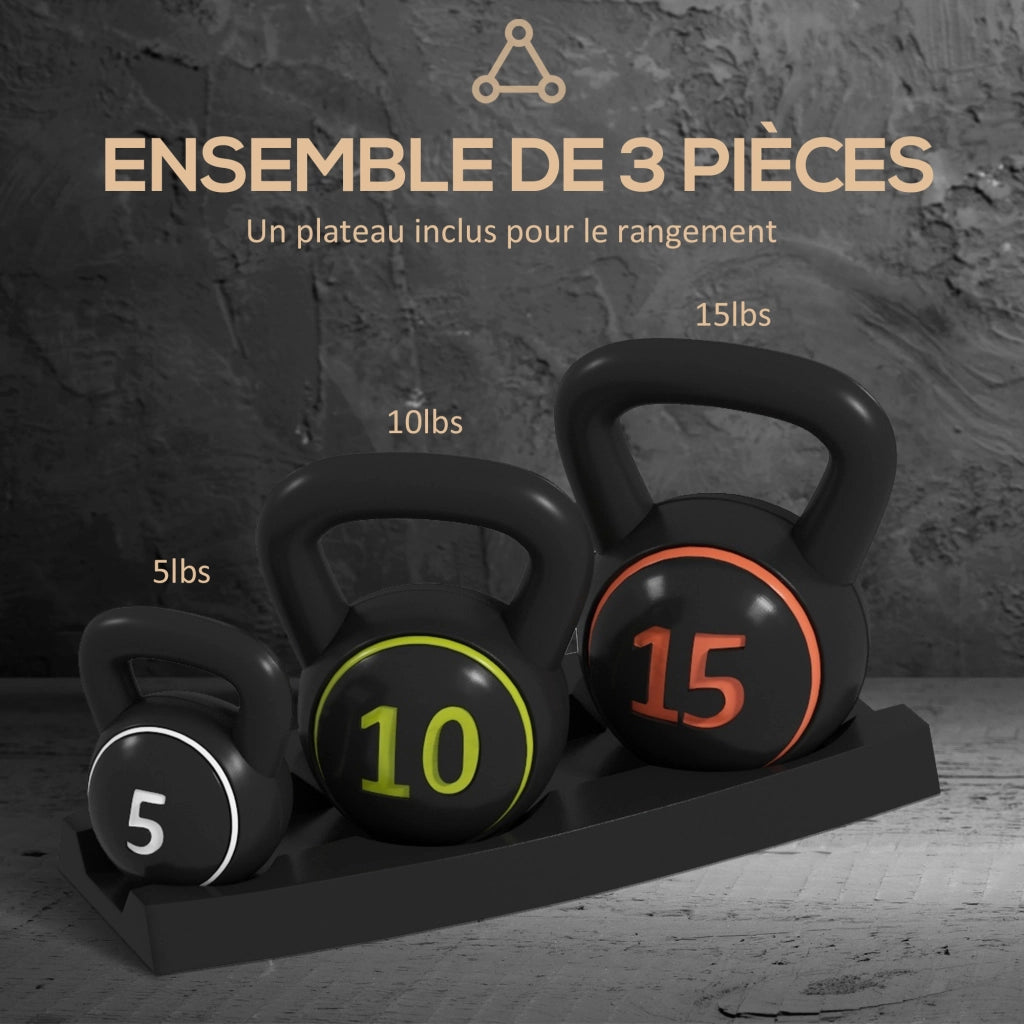 Set di 3 Kettlebell ¨C zephmum ¨C 2.2, 4.5, 6.8 kg, Antiscivolo, con Piastra Porta Kettlebell, Nero