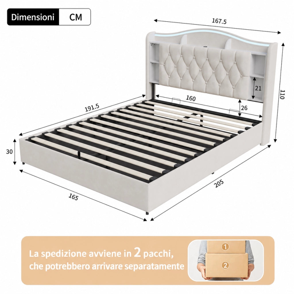 Letto a molle a sollevamento idraulico, testiera velluto beige, con luci LED RGB, stazioni di ricarica USB e wireless, scomparti porta oggetti, 160x190 cm
