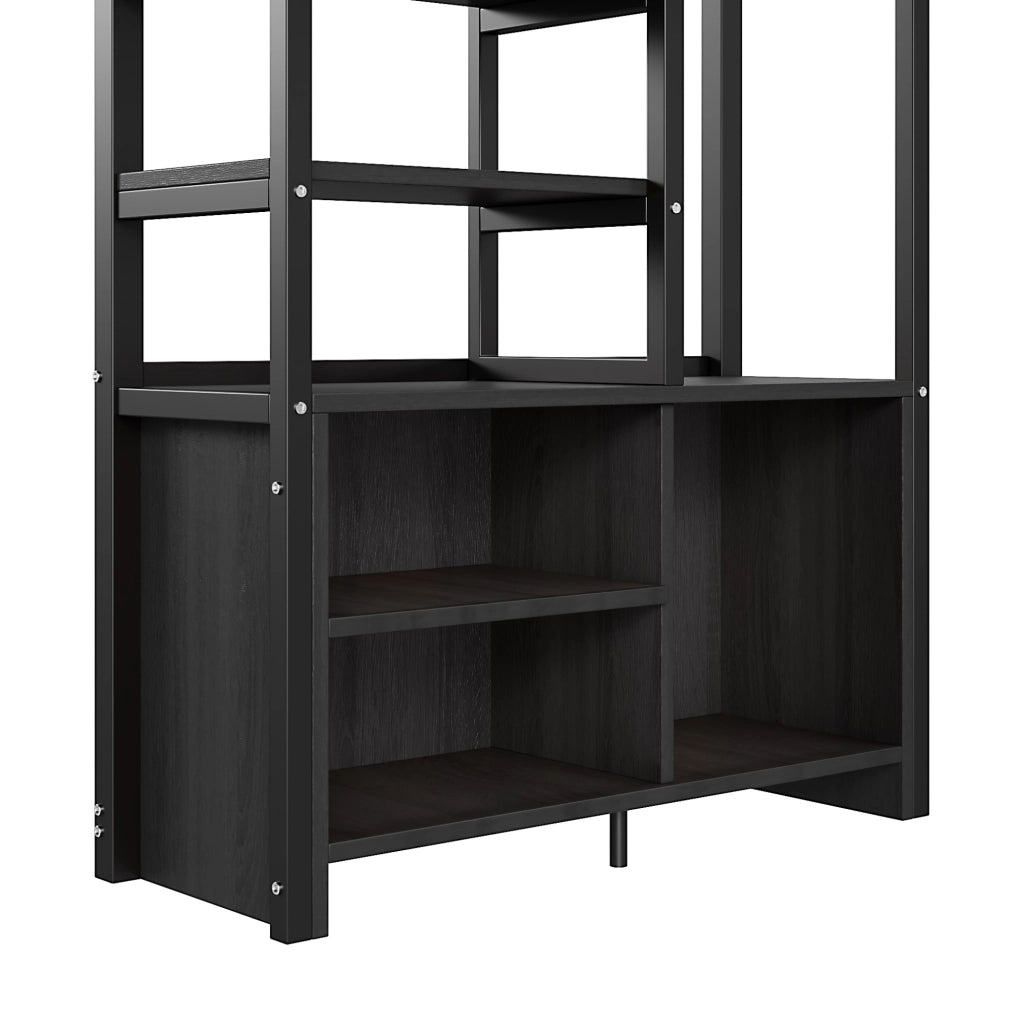 Letto a soppalco 90x200 cm con scrivania, ripiani e prese USB, nero