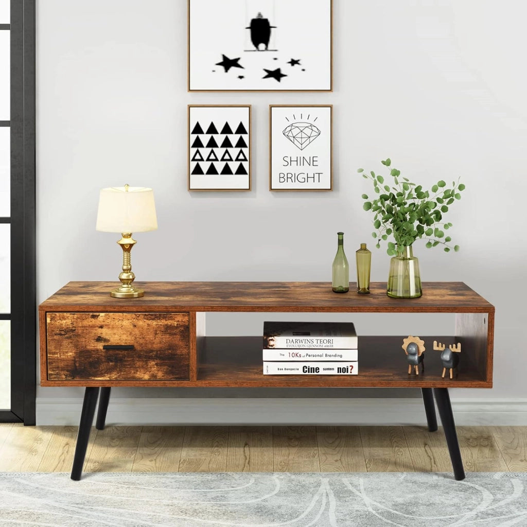 Tavolino Basso con 1 Cassetto, Tavolino Vintage di Ripiano in Legno, con Ampio Spazio di Stoccaggio, Portata di 30 kg, Mobile TV con 4 Gambe in Pino, 109 x 55 x 44,5 cm