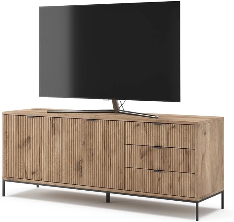 Tavolo basso Eliza, Quercia vichinga, 150 x 60 cm con 3 cassetti, 2 ante, utilizzabile come supporto TV e per la conservazione