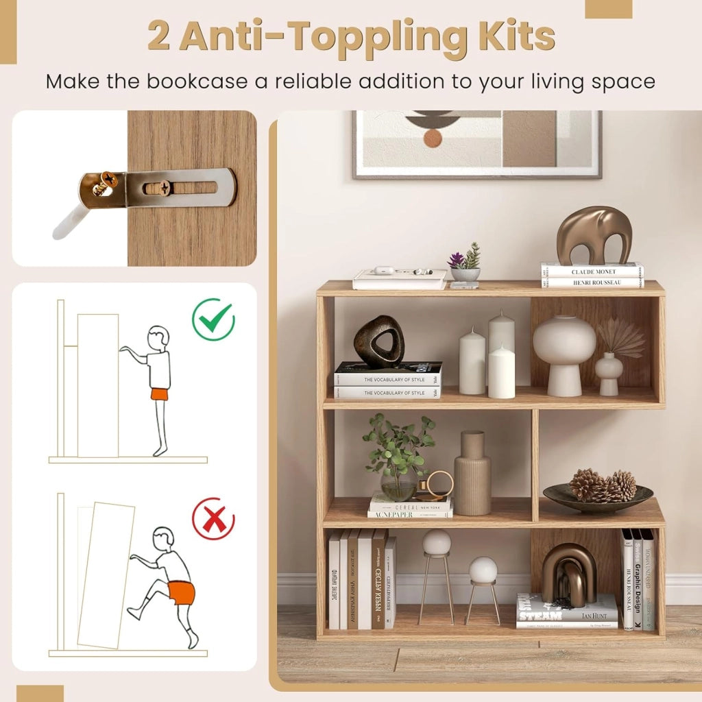 Libreria a 3 livelli concavo, libreria geometrica con 3 scomparti aperti e kit antiribaltamento, 84 x 29,5 x 83,5 cm, mobile per soggiorno, camera da letto