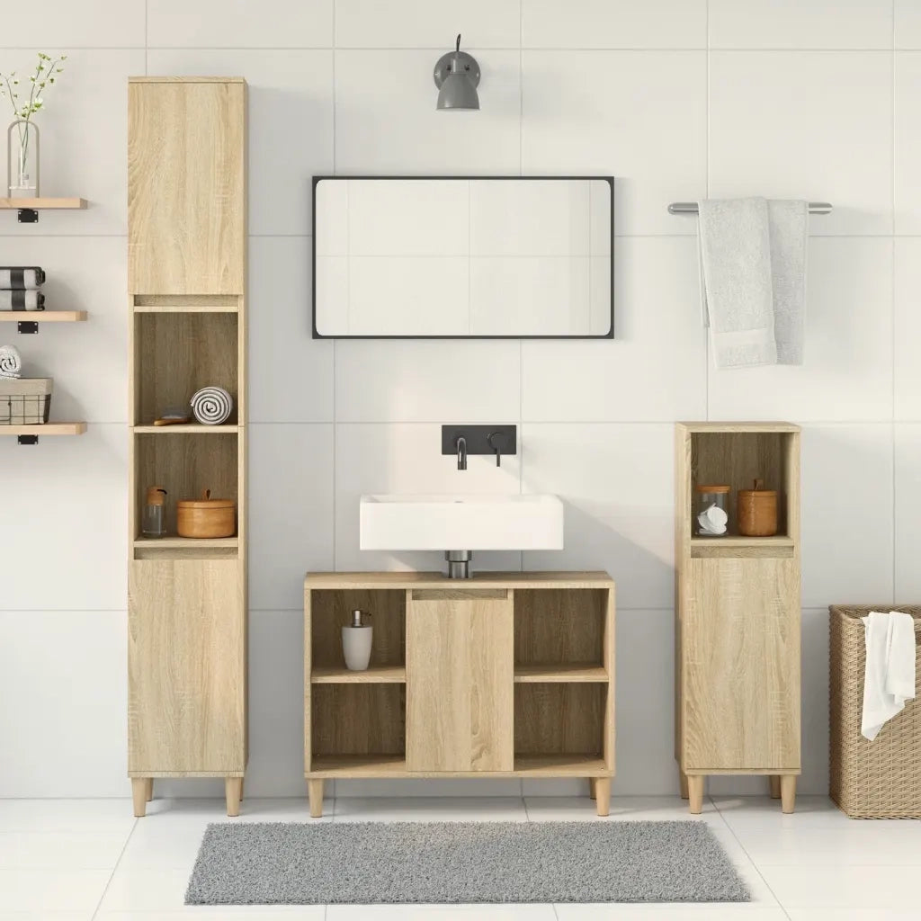Set Mobili da Bagno | Armadio da bagno 3 pz Rovere Sonoma in Legno Multistrato