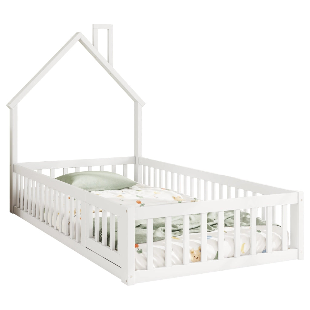 Letto Casetta 90×200 cm; Letto Singolo con Sponda di Sicurezza e Design Camino; senza Materasso; Bianco