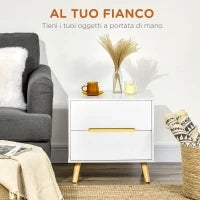 Comodino Moderno con 2 Cassetti in Truciolato e Gambe in Legno di Pino, 50Lx40Px50.5A cm, Bianco
