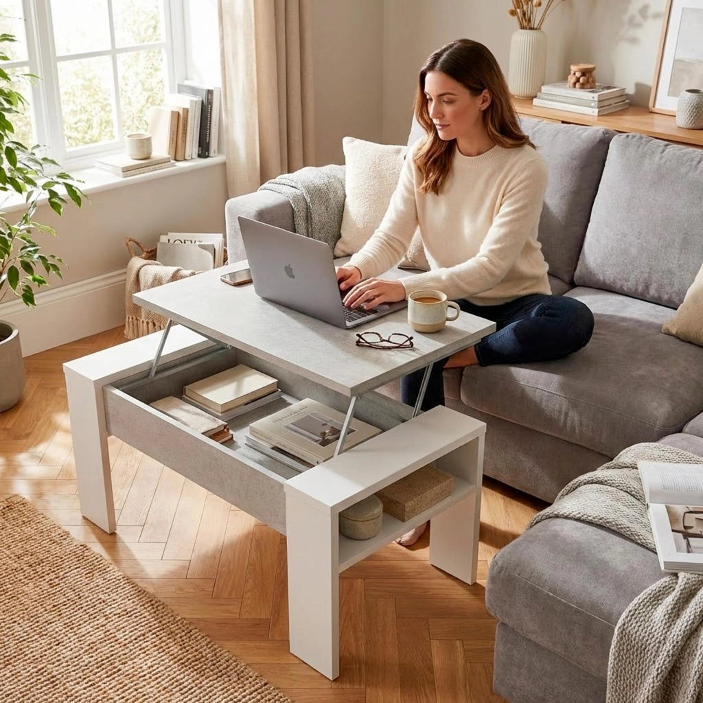 Tavolino Da Living Trasformabile Con Piano Sollevabile E Vano Contenitore Tavolo Moderno Per Salotto Soggiorno Smart Working 98 X 50 X 43 Cm Bianco E Grigio Cemento