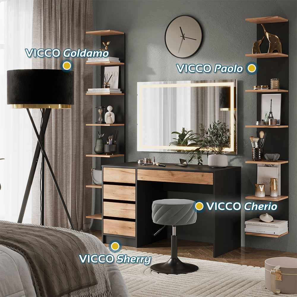 Tavolo da toilette Sherry Antracite/Rovere dorato 120 x 75 cm con specchio a LED Vicco