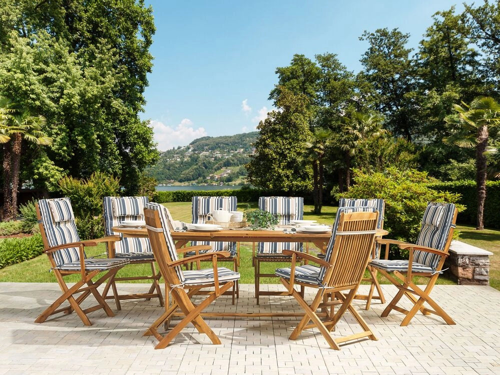 Set di cuscini di ricambio per sedie da esterno in tessuto a righe blu e beige resistente ai raggi UV 8 cuscini con imbottitura spessa