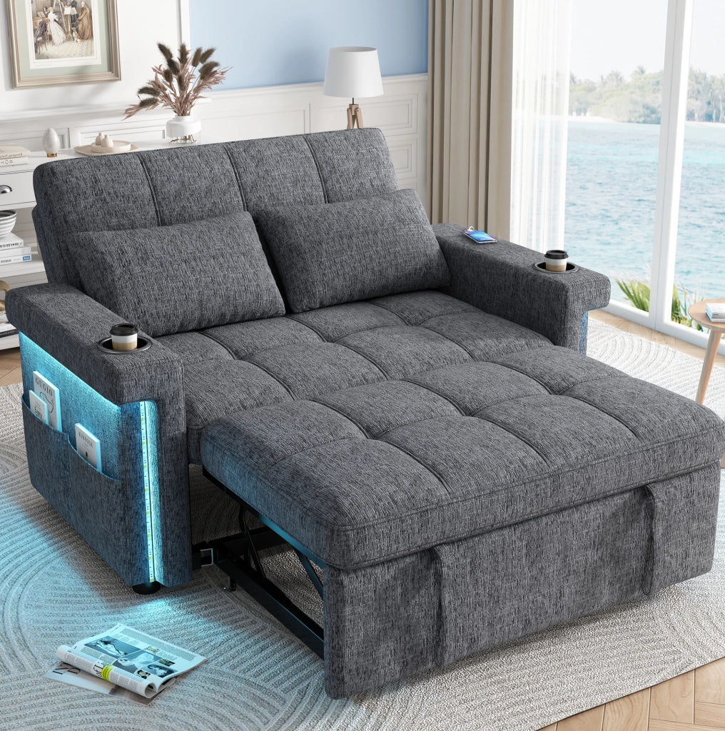 Sofa 2 posti con funzione letto; LED; USB/Type-C; schienale regolabile; Chenille grigio 145x141;5x90 cm