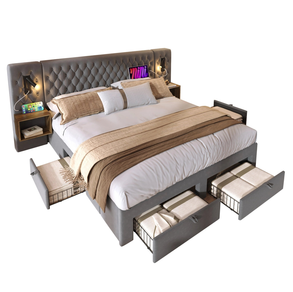 Letto matrimoniale 180x200 cm con comodini, 4 cassetti, luci LED e porte USB/Type-C
