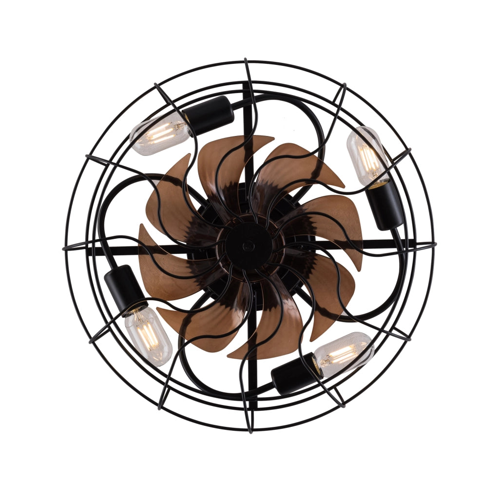 Ventilatore da soffitto con gabbia e luce; 19 pollici; 7 pale; motore reversibile; nero e noce scuro