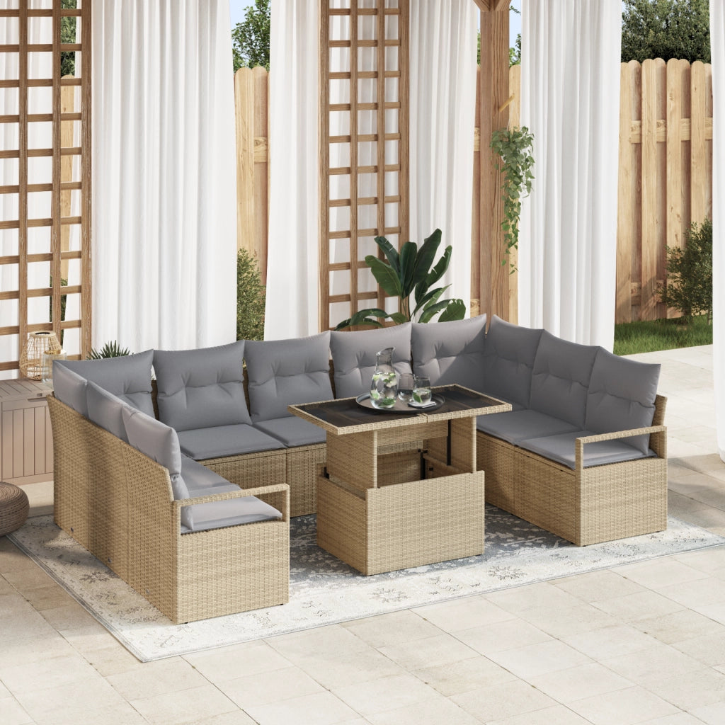 Set Divano da Giardino con Cuscini di 10 Pezzi Beige Polyrattan
