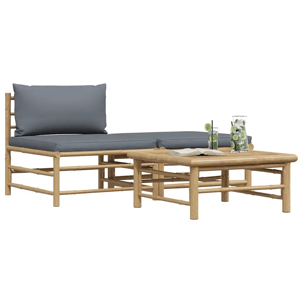 Set Divani da Giardino 3 pz con Cuscini Grigio Scuro in Bambù