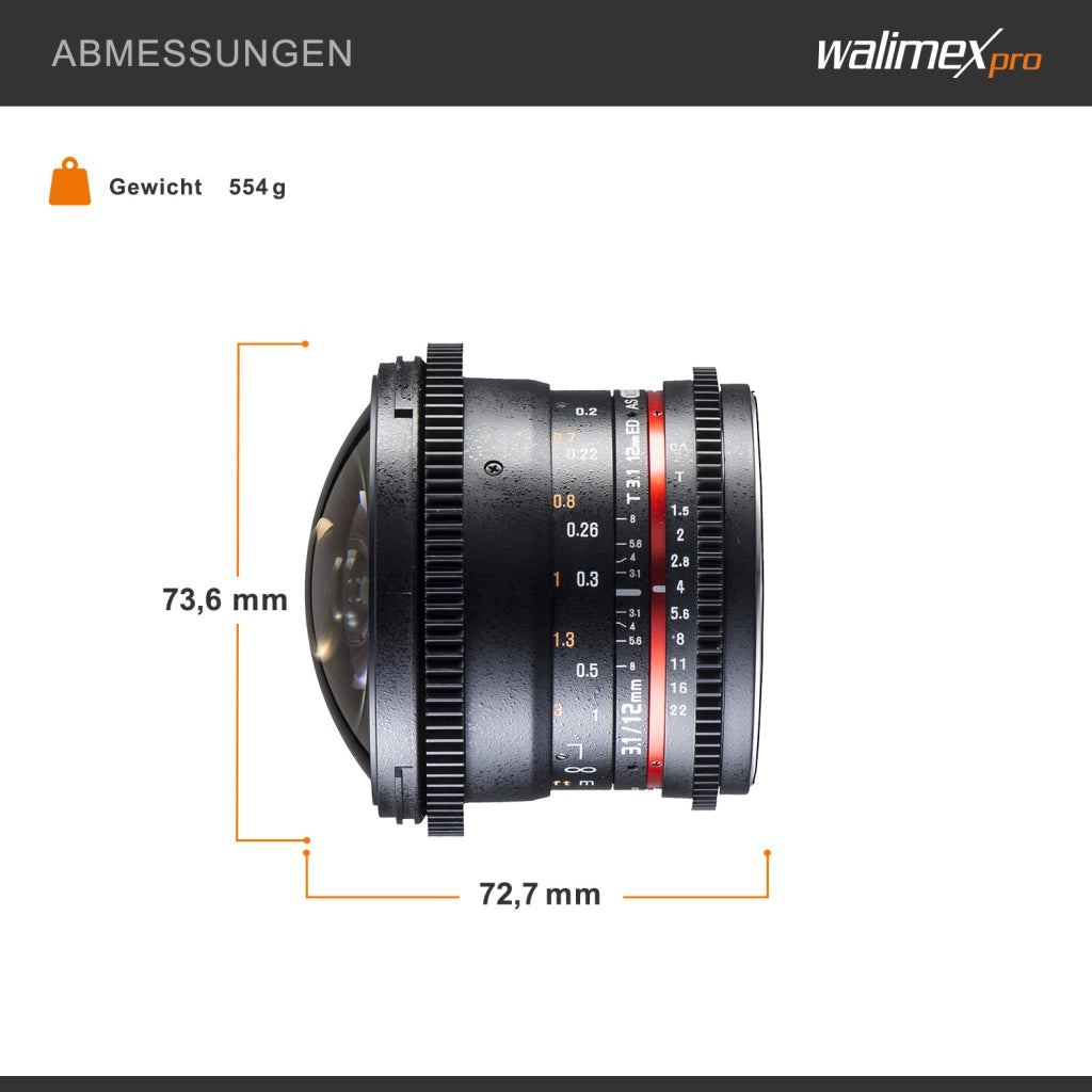 Walimex Pro 12mm 1:3.1 Fish-Eye VCSC per obiettivo Canon EF con baionetta nera (messa a fuoco manuale, calcolato per il sensore full-frame, regolazione continua dell'apertura, con paraluce rimovibile)