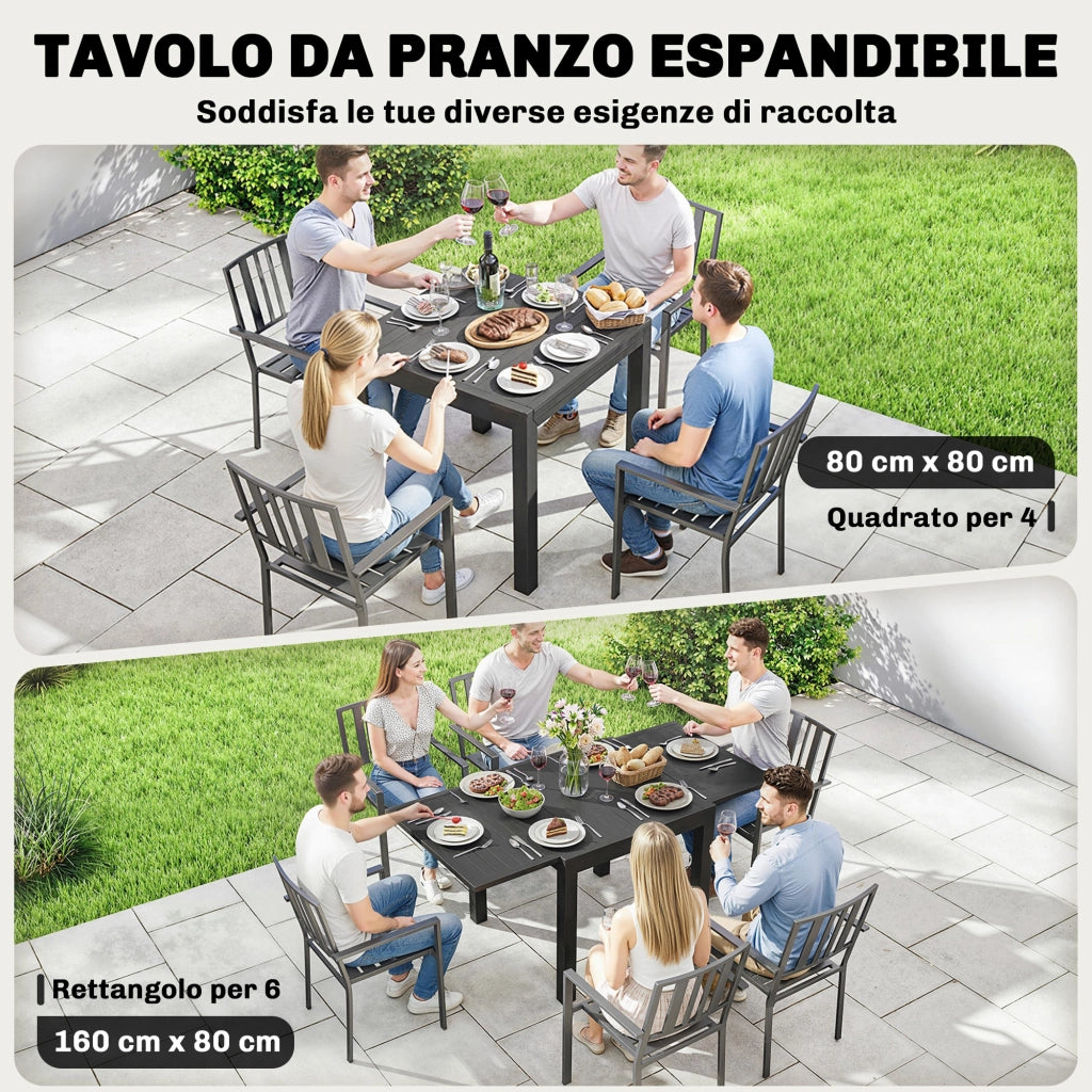 Tavolo da pranzo allungabile per esterno ¨C zephmum ¨C alluminio nero 80-160x80x75 cm