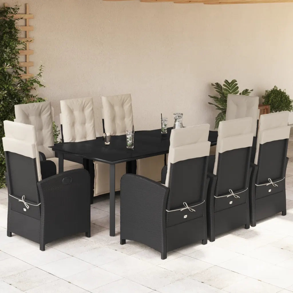Set da Pranzo da Giardino 9 pz con Cuscini Nero in Polyrattan