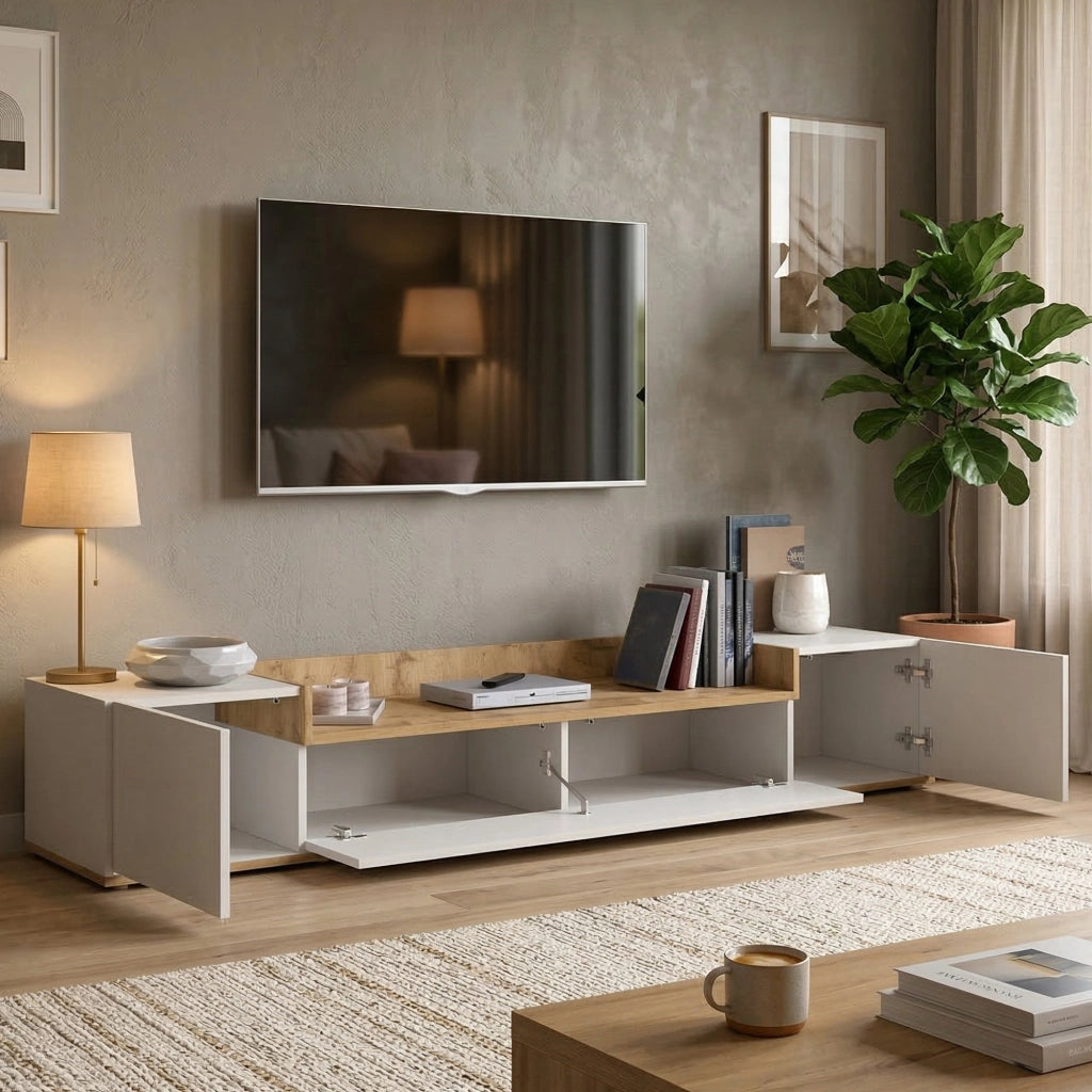 Oxanna, Mobile Porta tv 3 Ripiani Made in Italy, 200x35x30h cm Bianco Lucido
