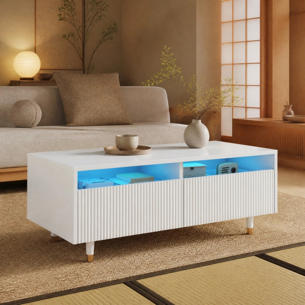 Tavolino 110x50x40 cm in MDF bianco con LED multicolore e 2 cassetti