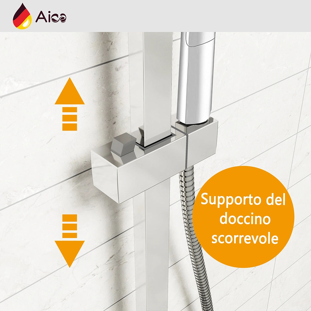 Colonna doccia quadrata completo di miscelatore termostatico rettangolo, soffione quadrato 30x30cm, cromo