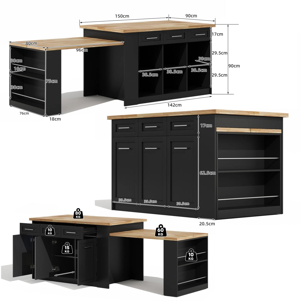 Isola da Cucina 150/246x90x90 cm Nera e Legno Naturale con Tavolo Estraibile 96 cm; 6 Cassetti e Ripiani