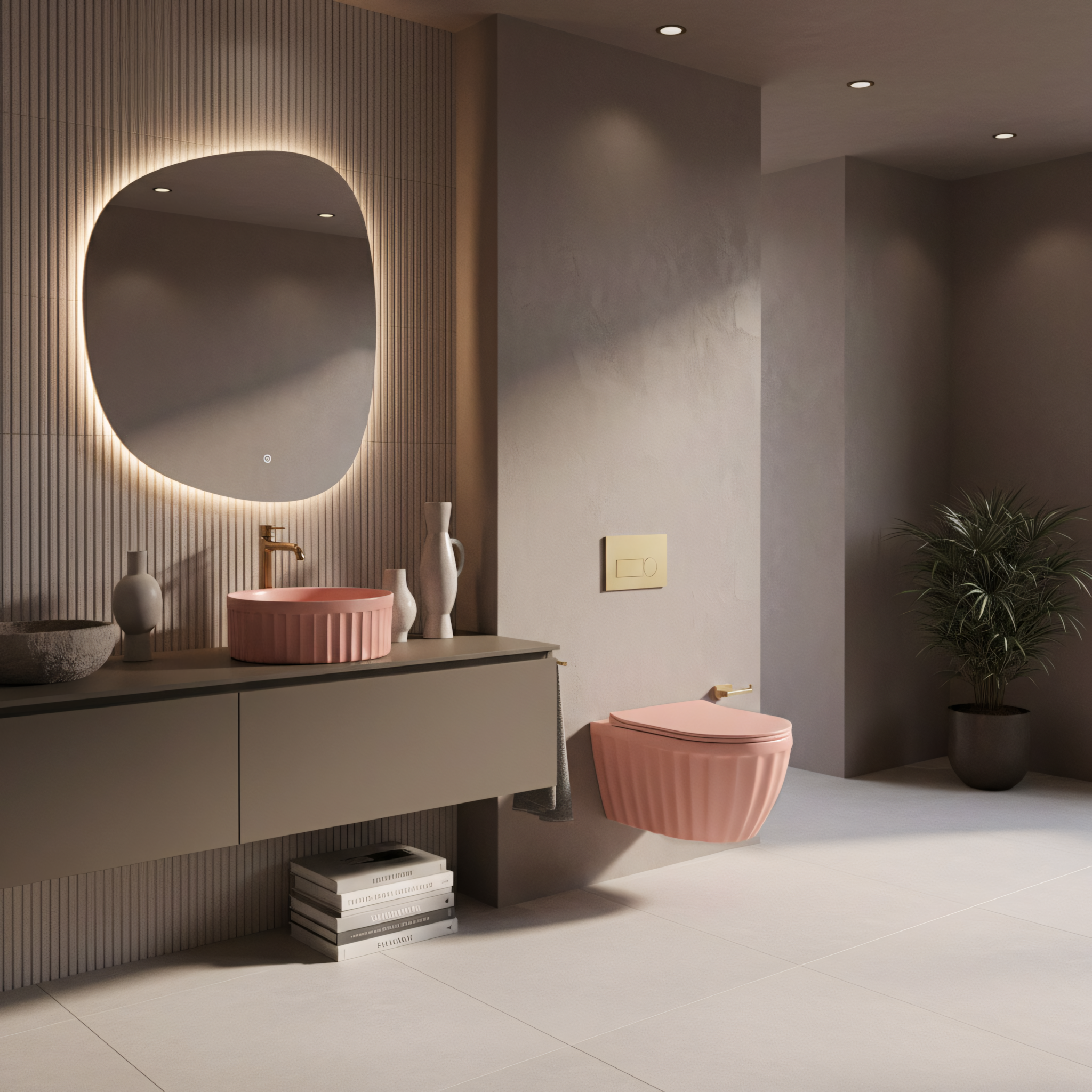 Set: Wc Sospeso + Lavabo Da Appoggio Rea Duo Sweet Pink Matt