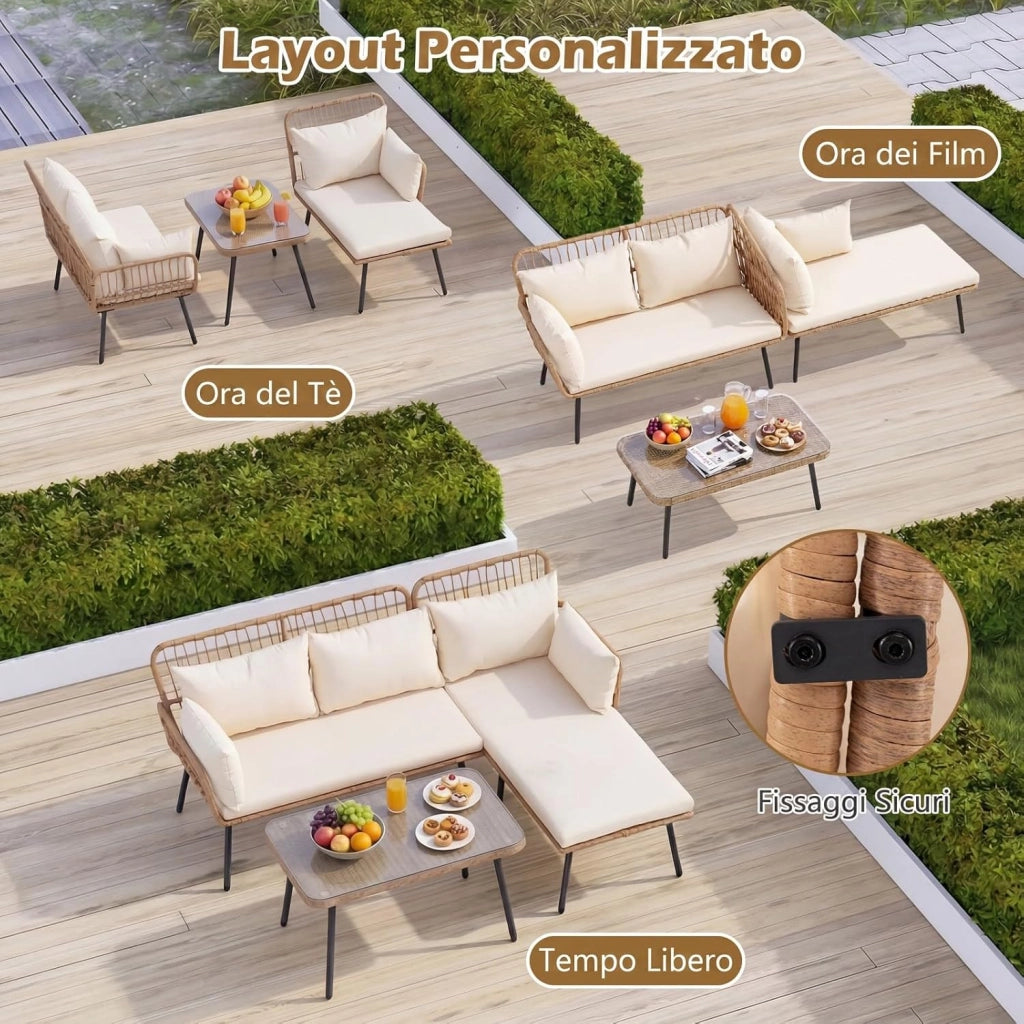 Set di 3 Pezzi Mobili da Giardino, 2 Divani in PE Rattan con Cuscini Imbottiti, Tavolino da Caffè Rotondo con Piano in Vetro Temperato, Facile da Pulire, per Cortile, Terrazza e Balcone