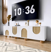 Mobile TV 175x38x50 cm con quattro vani; gambe rotonde in legno; MDF; naturale e bianco