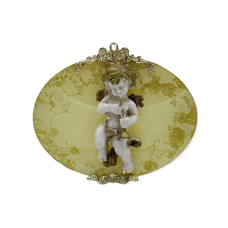 Medaglione decorativo casa da appoggio ovale oro con 1 angelo 17 x 13 cm
