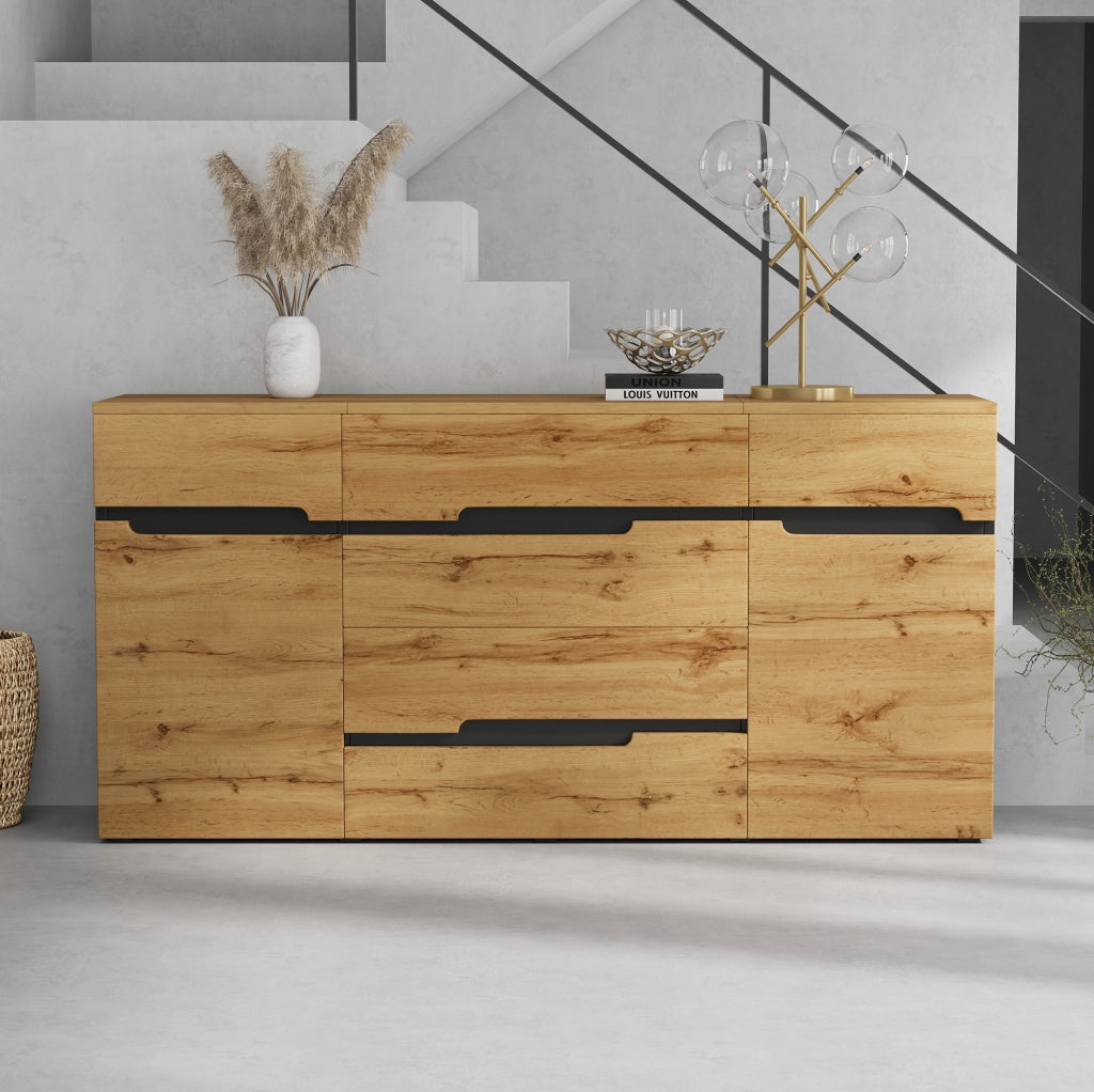 Sideboard 160x40x80 cm con 2 ante e 4 cassetti in pannello truciolare naturale e nero