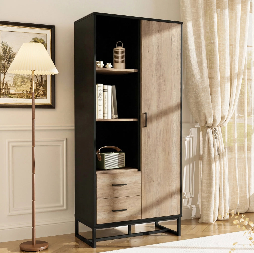 Credenza alta con 1 anta; 2 cassetti e 3 vani aperti 80x40x180 cm in MDF nero e effetto legno
