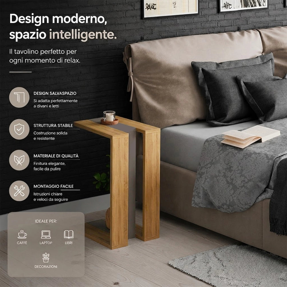 Tavolino da Caffè Porta PC Laterale Divano in Legno MDF Quercia e Moka 57x40x30cm