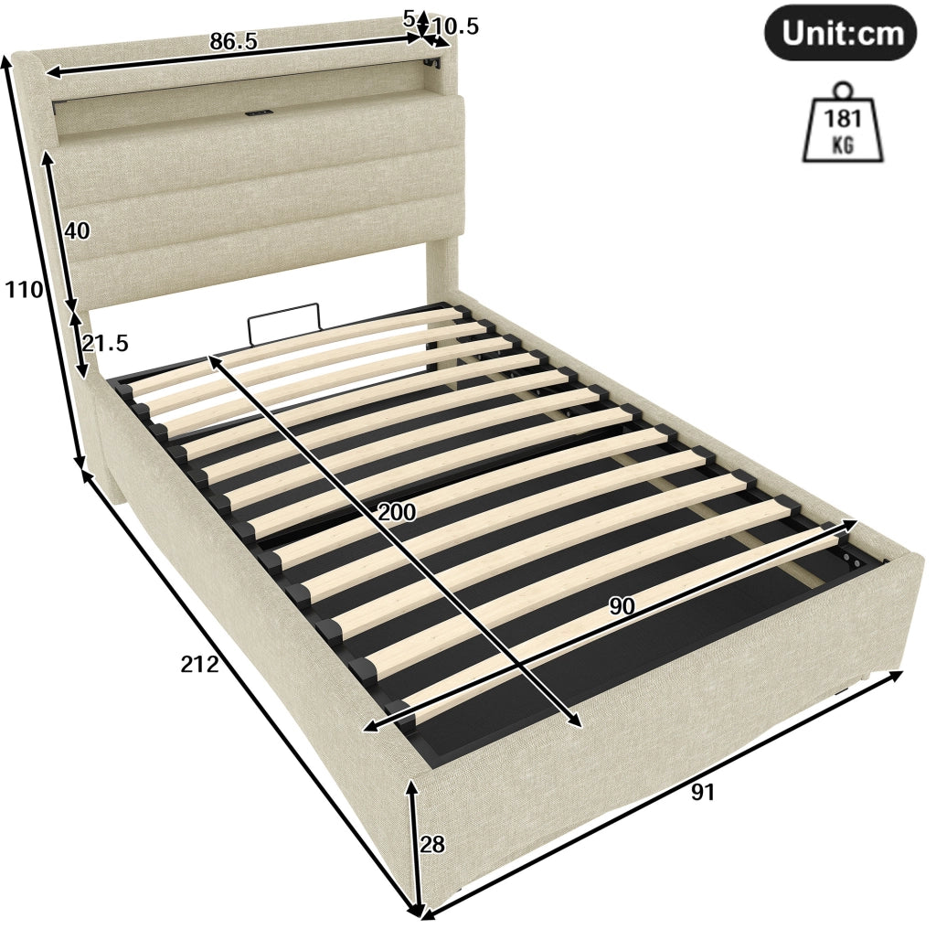 Letto imbottito con contenitore, LED e porte di ricarica