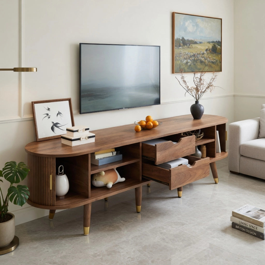 Cassettiera per TV 175 cm in noce con ante scorrevoli in rattan e MDF
