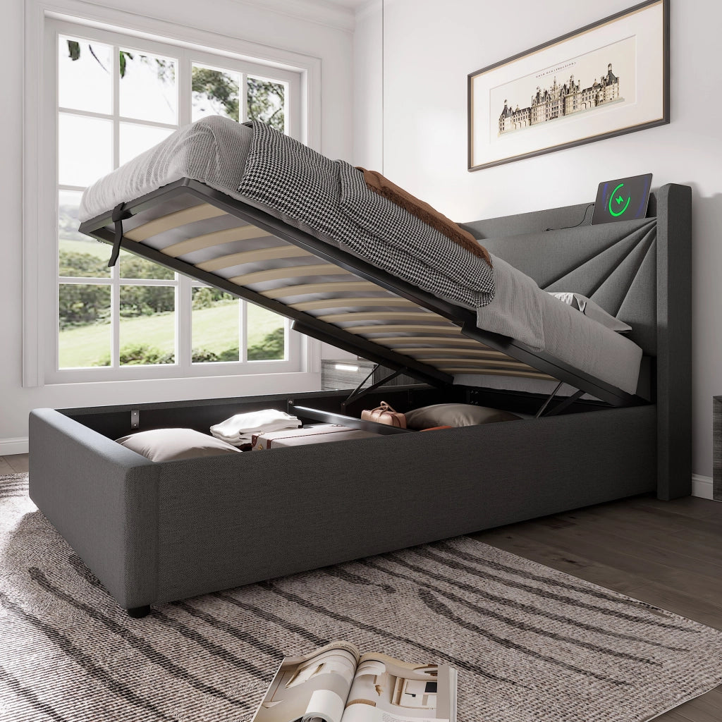 OKWISH Letto Contenitore 90×200 cm, Letto Singolo con Porte USB, Tipo C e Testiera, senza Materasso, in Cotone Lino Grigio