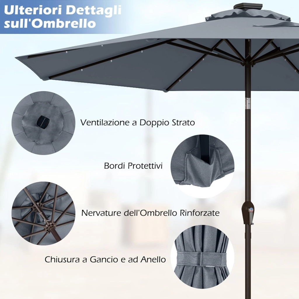 Ombrellone da Giardino da 300 cm, Parasole per Esterno con 24 Luci LED, con 8 Stecche in Metallo, Manovella e Inclinazione Regolabile, per Giardino, Coltile, Piscina (Grigio)