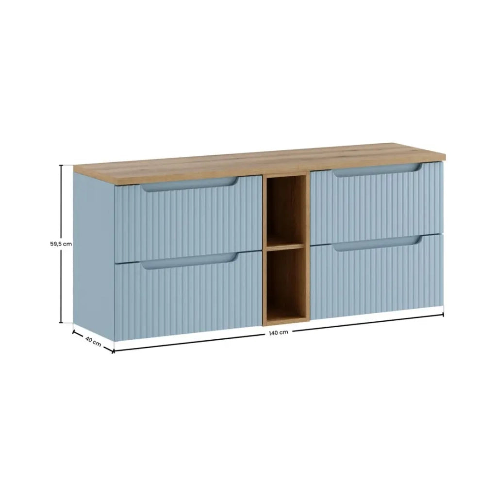 Set sospeso VANO blu denim e quercia chiara 140cm: mobile sotto lavabo con cassetti e nicchie visibili + piano per lavabo