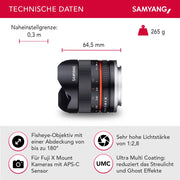 Obiettivo fisheye MF 8 mm II, compatibile con Fuji X, Lente fish eye grandangolare con angolo di campo di 180°, per sensore APS-C