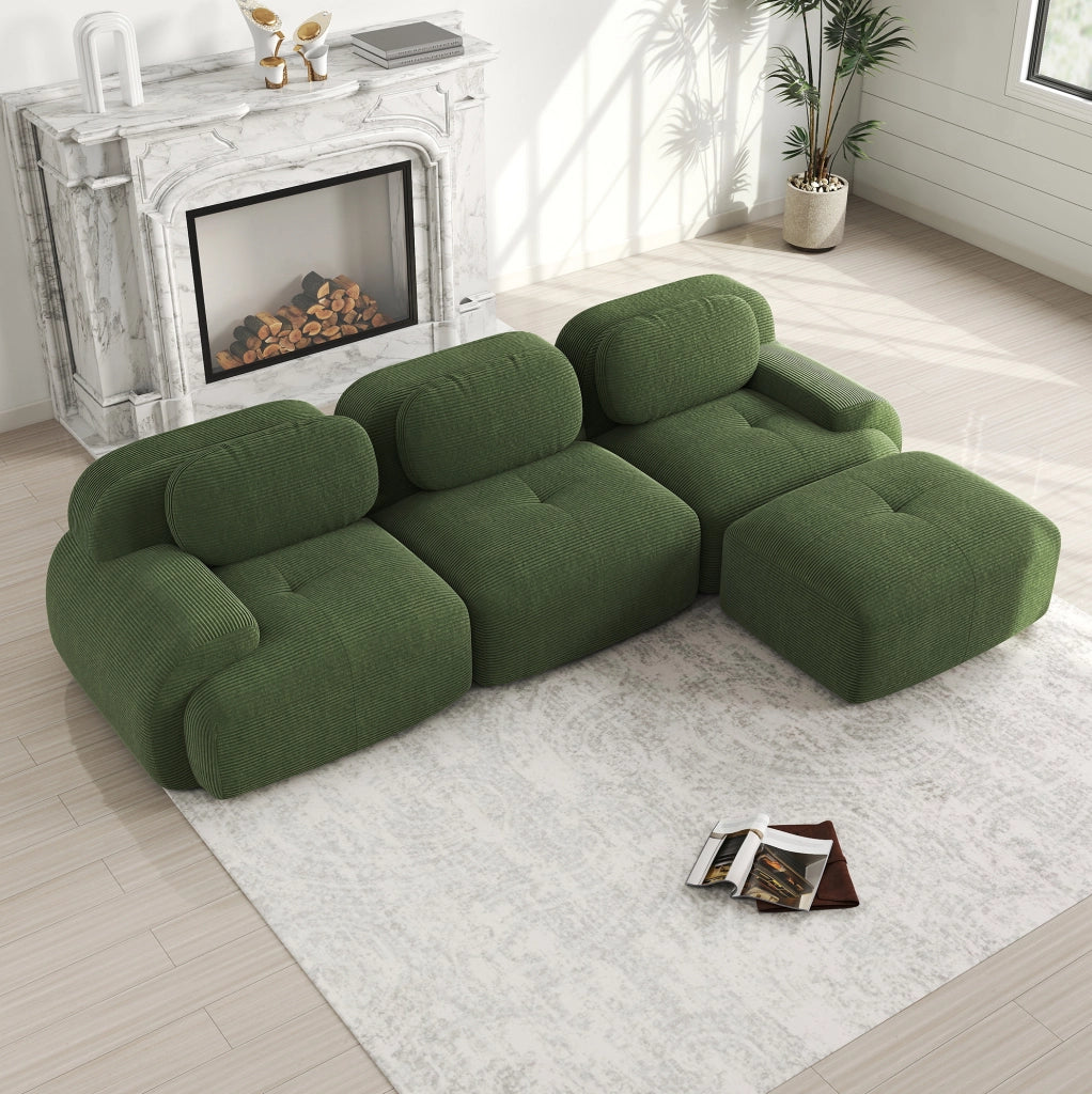 Divano angolare modulare senza montaggio 298x178x70 cm in tessuto effetto velluto a coste verde