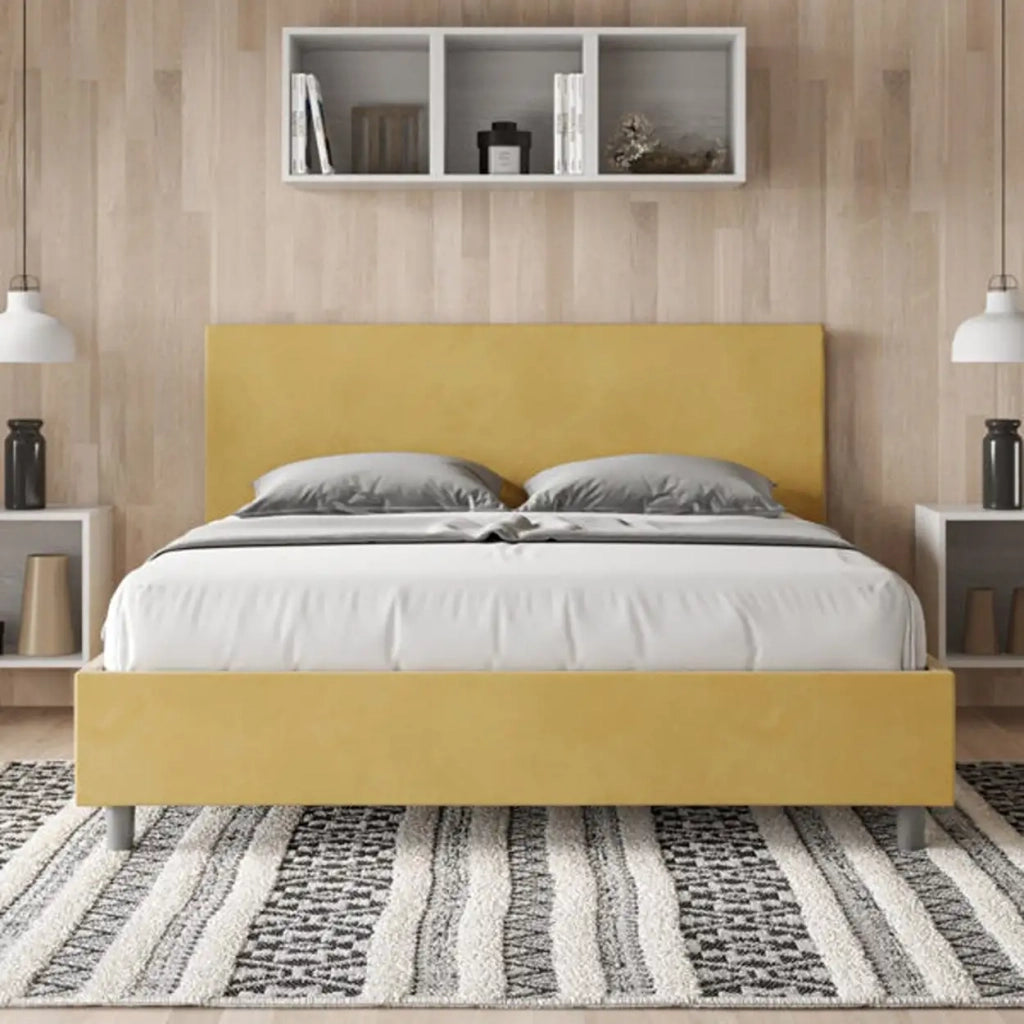 Letto matrimoniale contenitore imbottito 160x190 microfibra ocra Adele