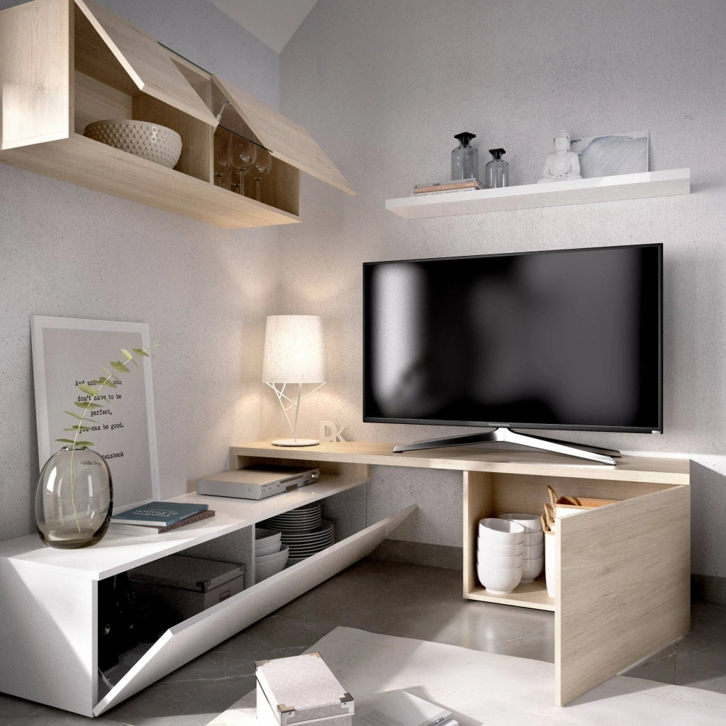 Parete attrezzata Axayazala, Set da soggiorno modulare ad angolo, Mobile salotto porta TV multiposizione, 201x41h180 cm, Bianco e Rovere