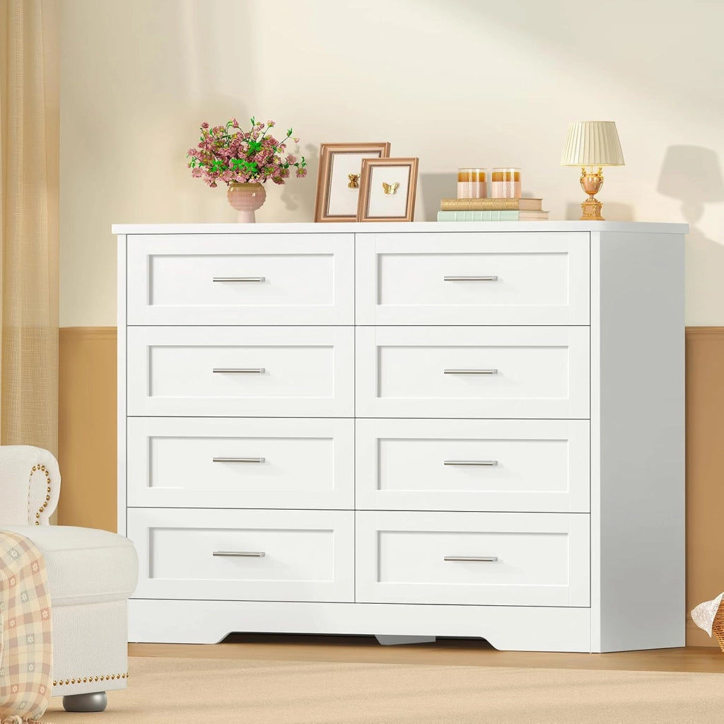Cassettiera Camera da Letto, Settimino con 8 Cassetti - Comò Bianco Moderno e Salvaspazio, Ideale per Soggiorno e Ingresso, 107x35x96.5 cm