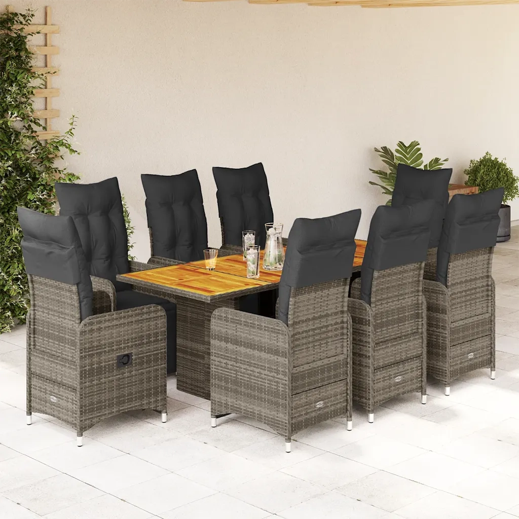 Set BistrÃ² da Giardino 9 pz con Cuscini in Polyrattan Grigio