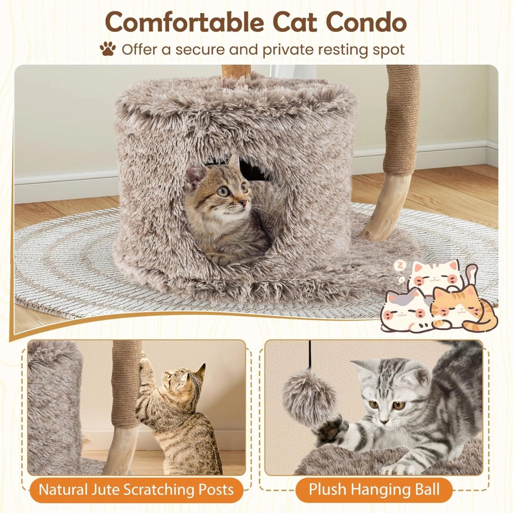 Tiragraffi per Gatti in Legno, 105 cm con 2 Posatoi e 1 Cuccia Grotta in Peluche, 1 Cesto di Vimini, 1 Pompon, Corda in Juta e Tronchi Naturali, Alberi per Gatti Stabile, Marrone
