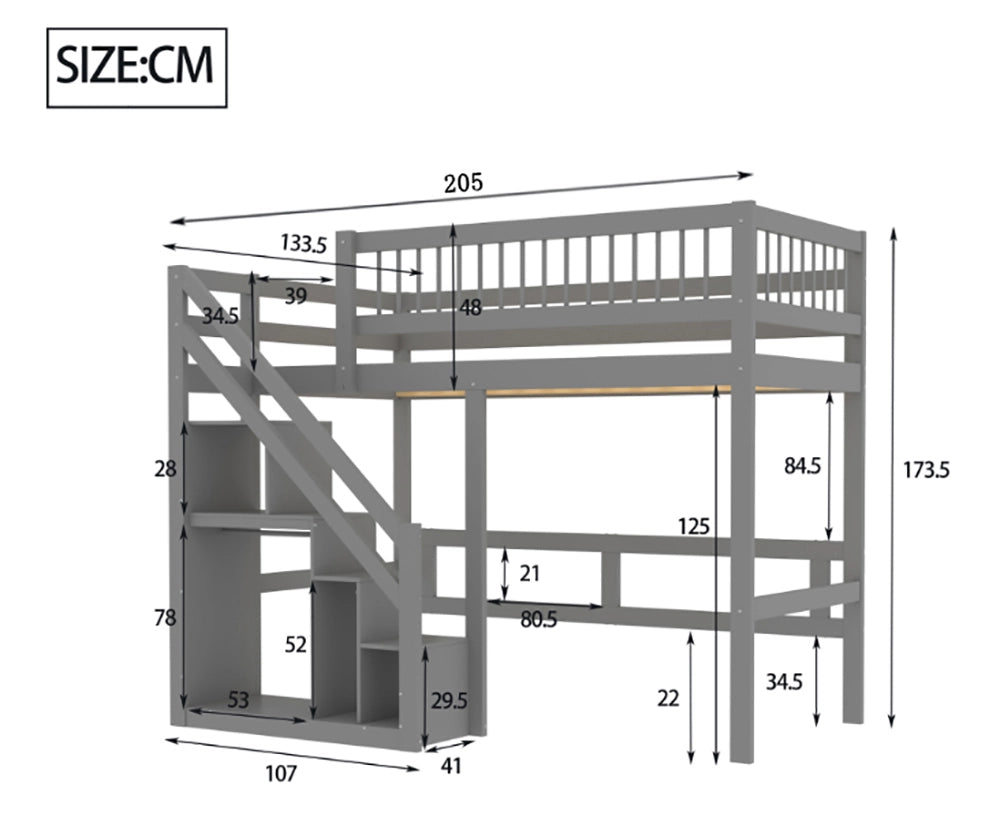 Lit superposato per bambini - Xylo - 90x200 cm - Legno massiccio - Grigio - Scala e armadio di stoccaggio