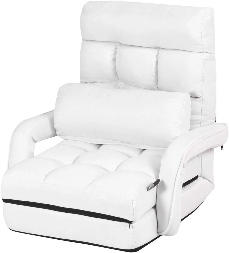 Poltrona Pieghevole da Relax, Schienale Reclinabile a 5 Livelli, Cuscini Imbottiti, Multiuso e Regolabile, Portata di 120 kg, per Ufficio/Soggiorno/Studio, 67x65x72 cm, Bianco