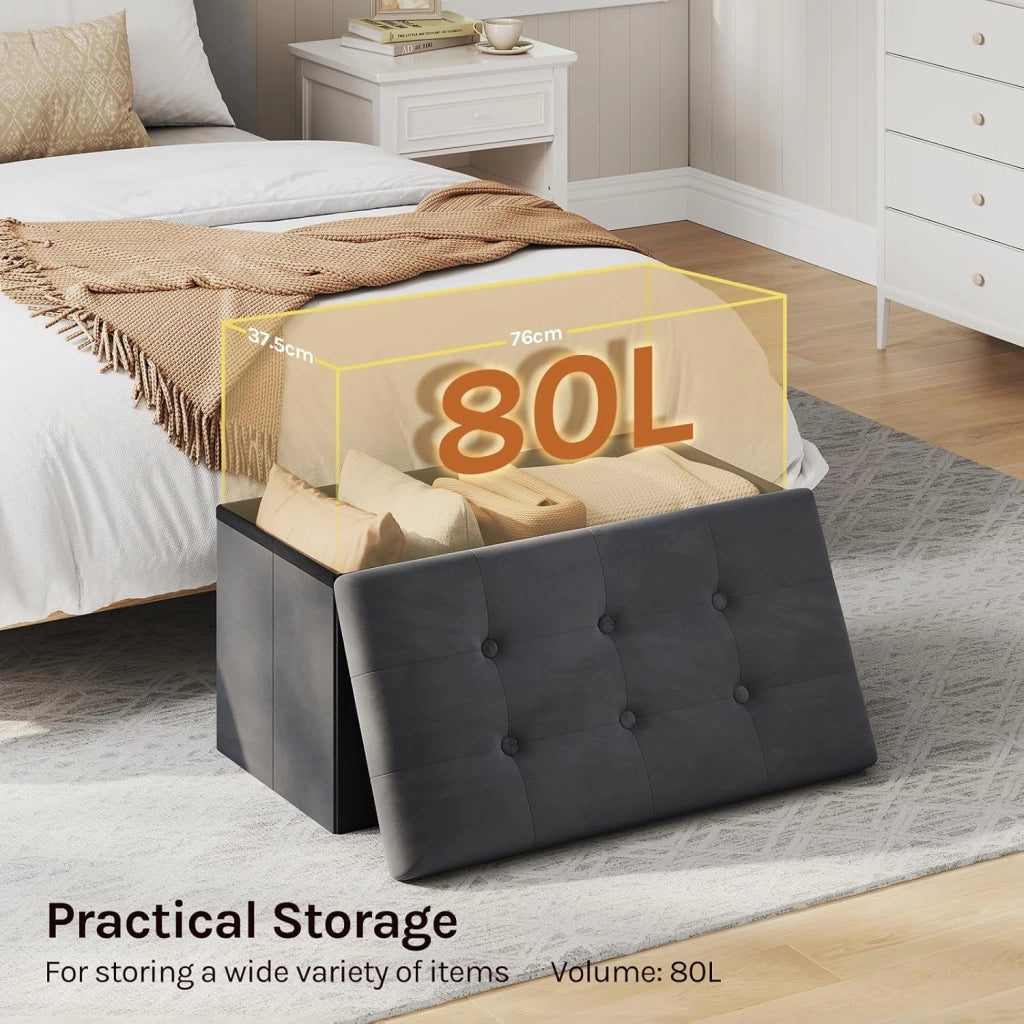 Panche contenitore per ingresso Cassapanca Pieghevole Ottomane in velluto, Max Portata Statica di 300 kg, 80 L, 76x37,5x38 cm Grigio