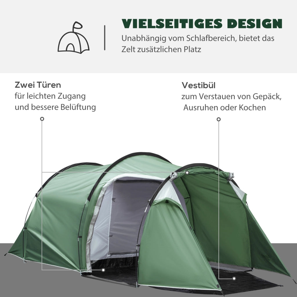 Tenda tunnel per 2-3 persone; tenda da campeggio 190T con perni; fibra di vetro e poliestere; verde scuro; 426x206x154cm per avventure all'aperto