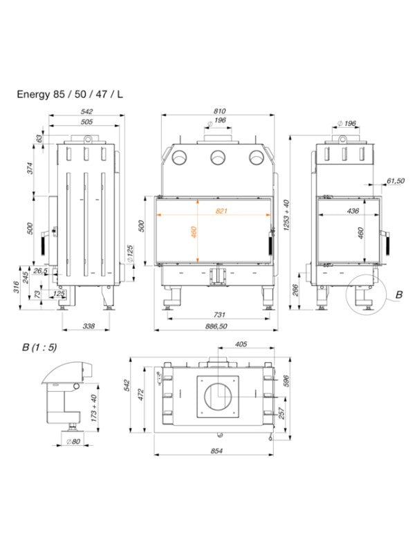 Caminetto ad angolo Inserto Apertura sinistra Nero Energy 85x50x47 (17 kW) ECO